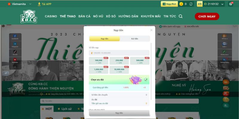 Giao diện nạp tiền