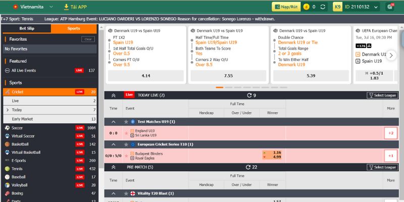 Giao diện trang cá cược thể thao